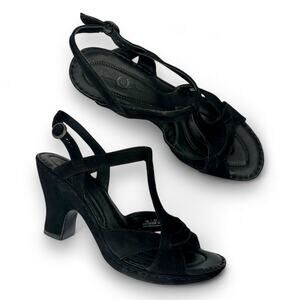 Born Women's T Strap Heeled Sandals Size 10 Black Suede Nubuck Leather Comfort